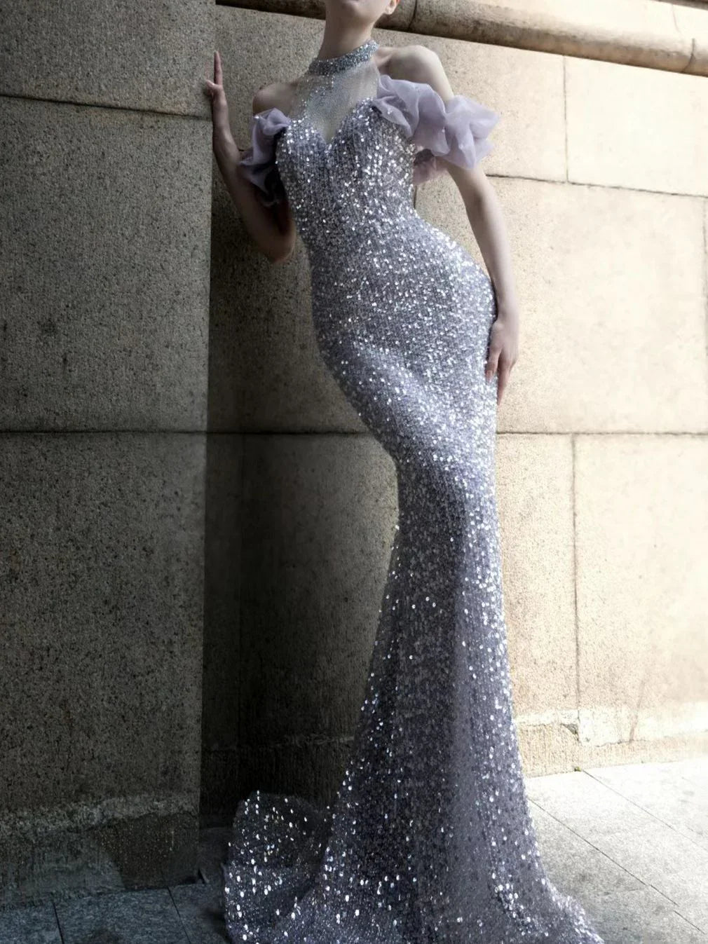 Purple Host Starry Sky Annual Meeting Beaded Toast Dress Halter Model Catwalk Fishtail - VAleG