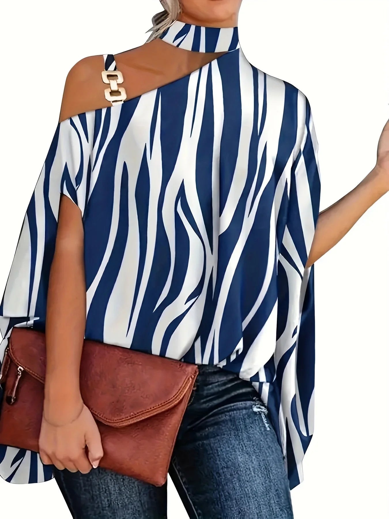 Leaves Print One Shoulder Blouse, Elegant Chain Strap Mock Neck Short Sleeve Blouse For Spring & Summer, Women's Clothing - VAleG