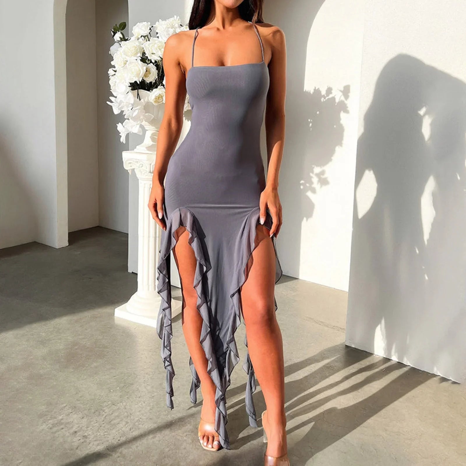 Sexy Suspender Tight Slim Skirt Fashion Split Ruffle Design Dress Summer Womens Clothing - VAleG