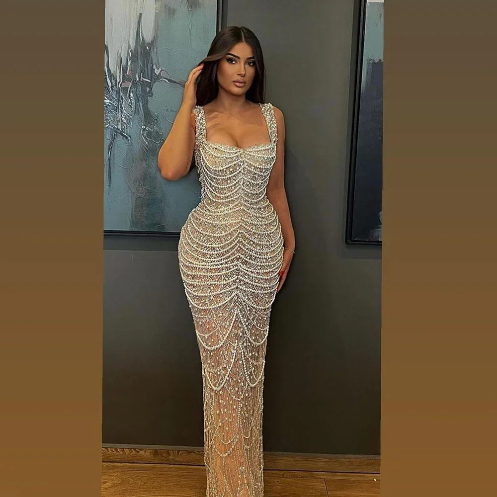 Nude Elegant Sling Light Luxury High-end Pearl Beaded Dress - VAleG