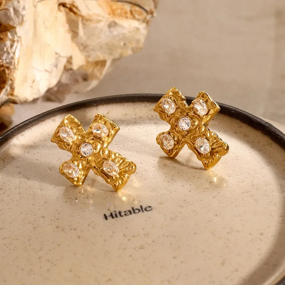 18K Gold-Plated Zircon Cross Earrings - VAleG