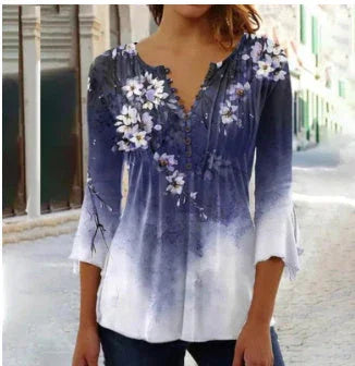 Women's Floral Printed V-neck Short Sleeve Button T-shirt - VAleG