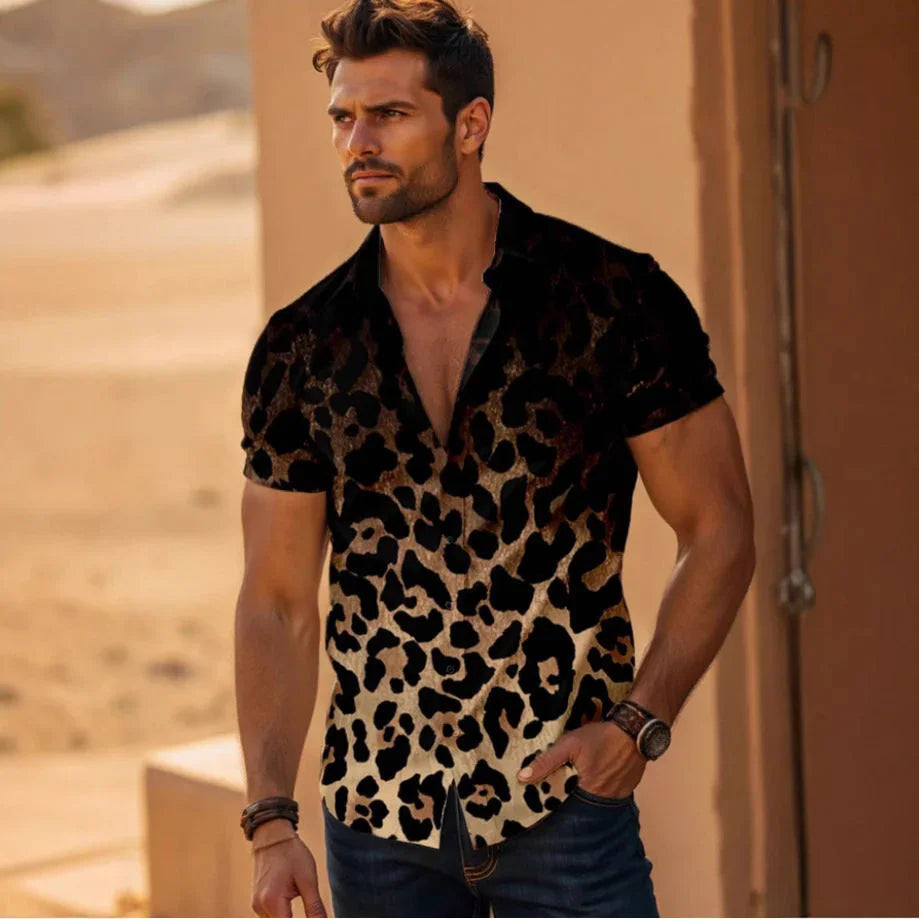 Four-sided Elastic Leopard Print Shirt Men - VAleG