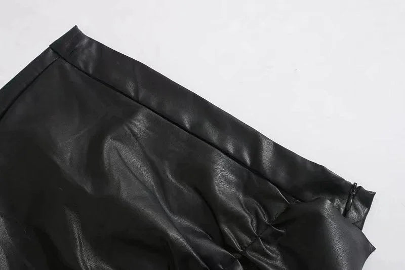 Women's Ruffle Trim Artificial Hip Leather Skirt - VAleG