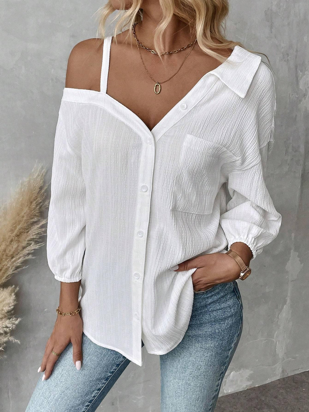 Fall Solid Color White Asymmetric Collar Dropped Shoulder Loose Casual Blouse Spring And Summer New Fashion Street Style Casual Asymmetrical Shoulder Shirt - VAleG