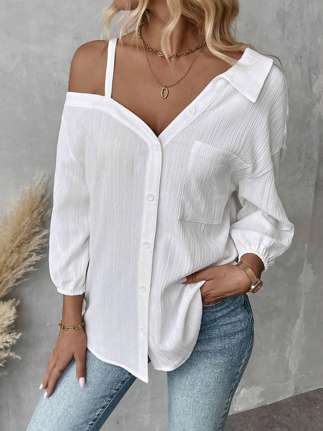 Fall Solid Color White Asymmetric Collar Dropped Shoulder Loose Casual Blouse Spring And Summer New Fashion Street Style Casual Asymmetrical Shoulder Shirt - VAleG