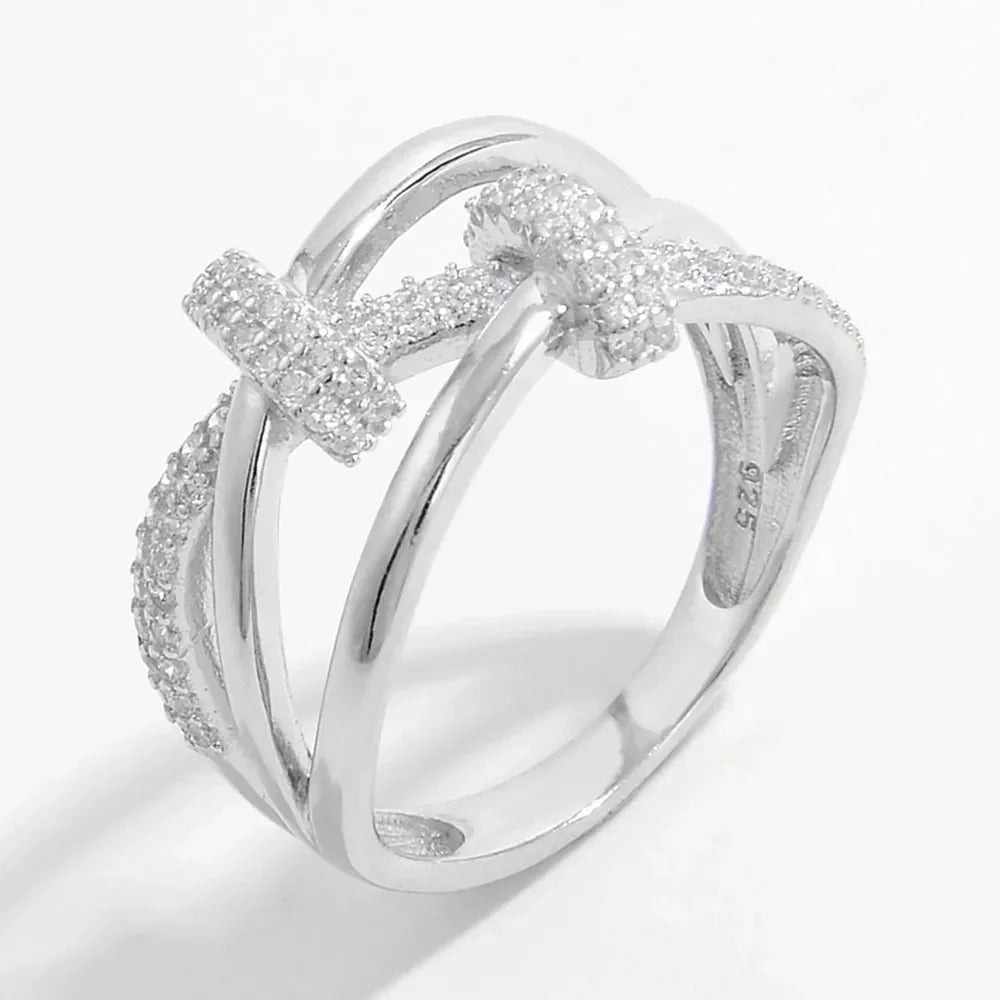 Inlaid Zircon 925 Sterling Silver Crisscross Ring - VAleG