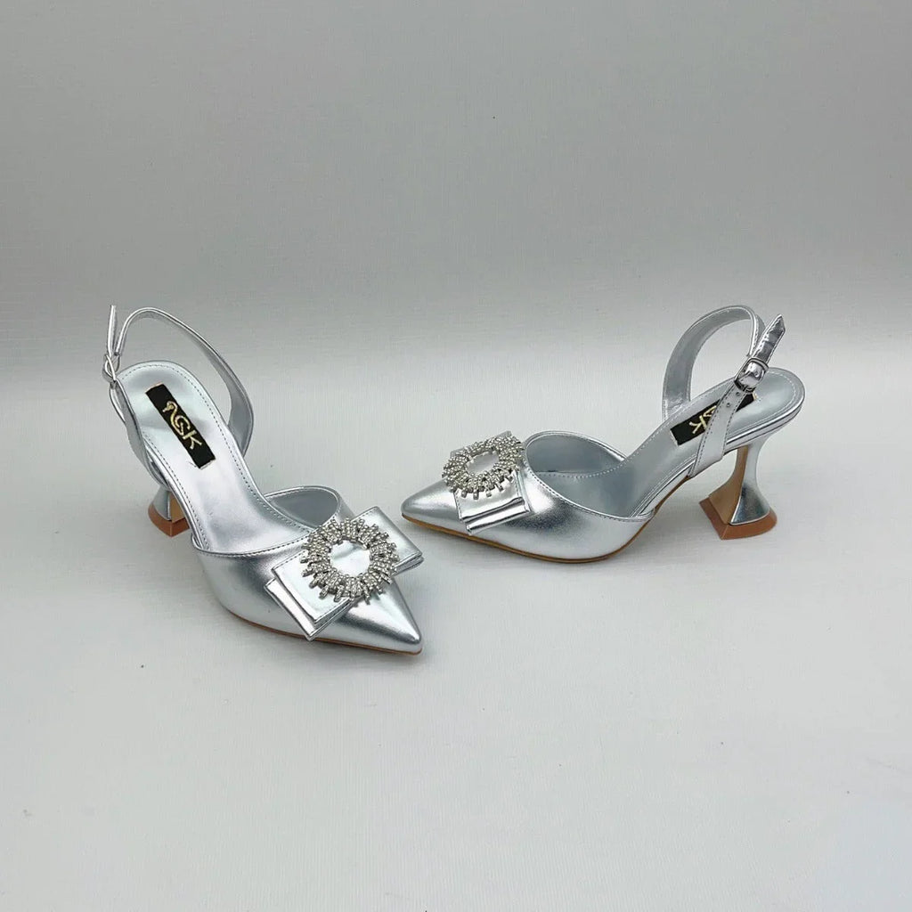 European And American Pointed Toe Rhinestone Closed Toe Strap High Heel Sandals - VAleG