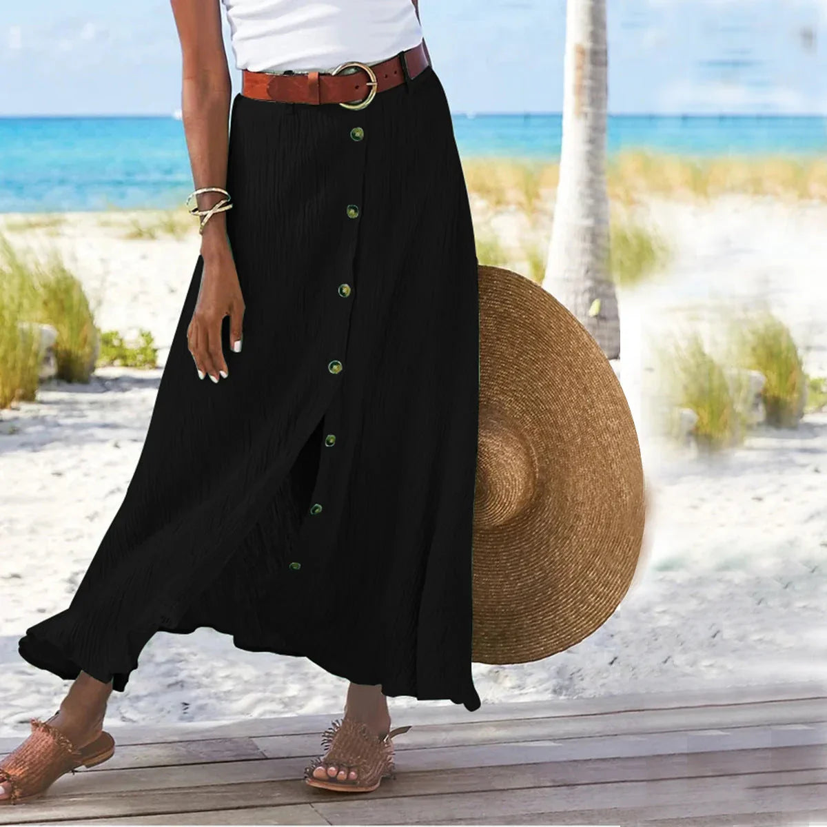 Women's Fashion Cotton Linen A-Line Hip Mid Waist Long Skirt - VAleG