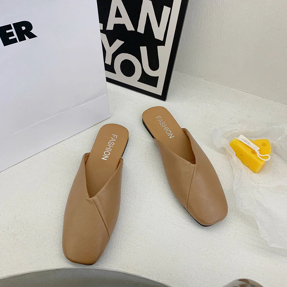 Square Toe Cap Half Slippers Women's Flat Plus Size Sandals - VAleG
