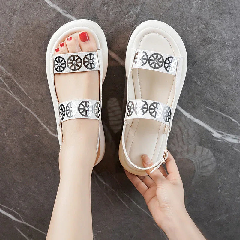 Women's Leather Velcro Flat Sandals - VAleG