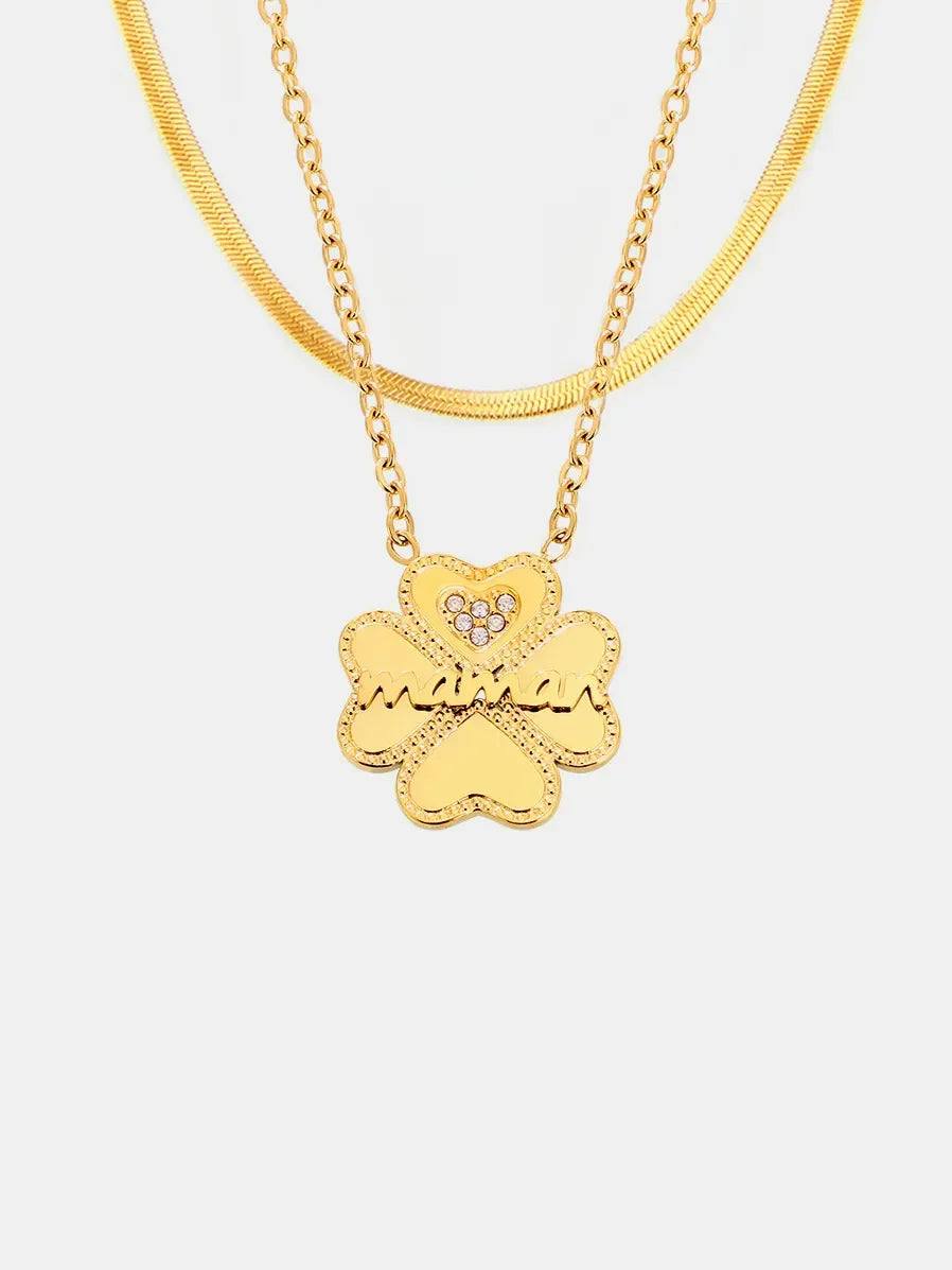 2 Piece 18K Gold-Plated Inlaid Zircon Lucky Clover Necklace - VAleG