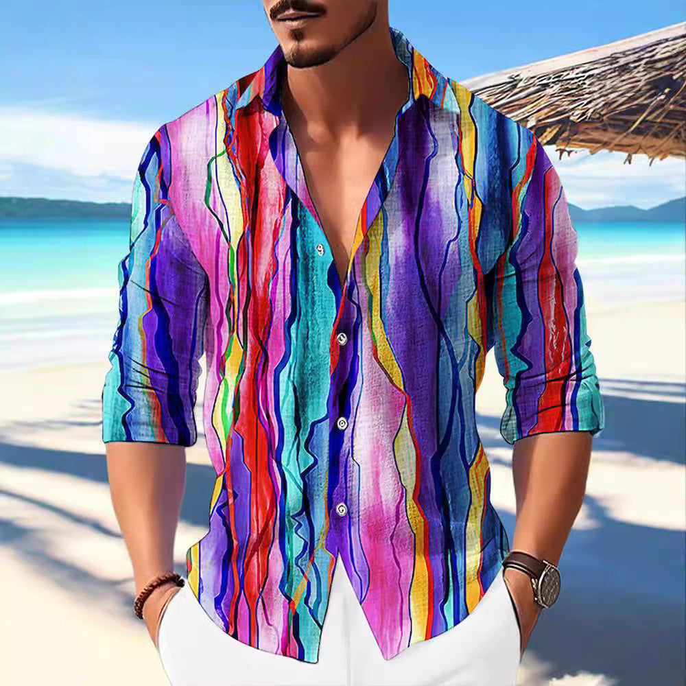 Color Matching Bamboo Linen Printed Men's Shirt VAleG