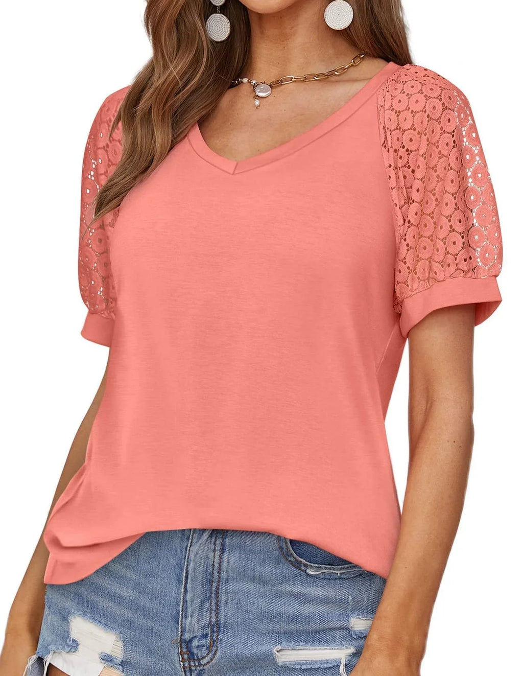V-neck Lace Stitching Casual T-shirt For Women - VAleG