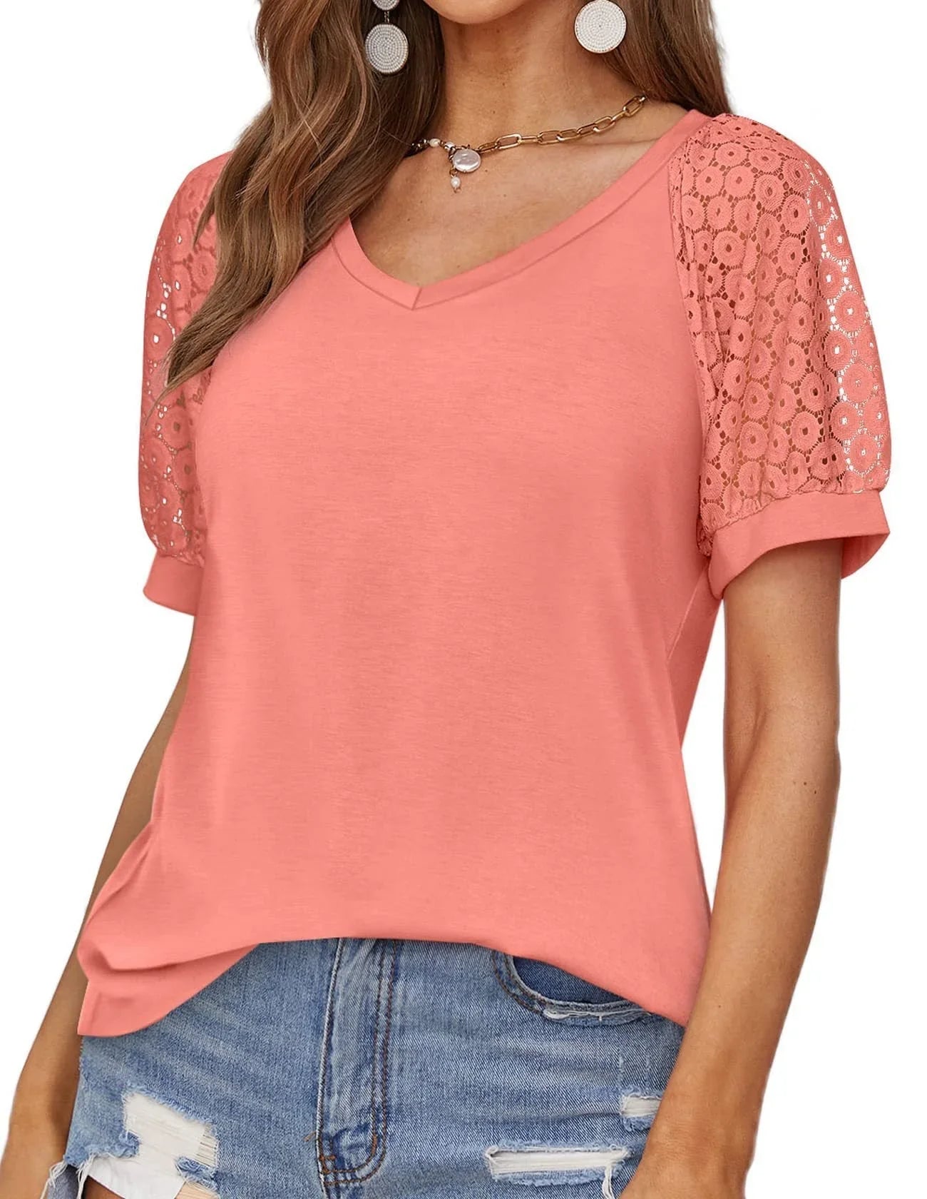 V-neck Lace Stitching Casual T-shirt For Women - VAleG