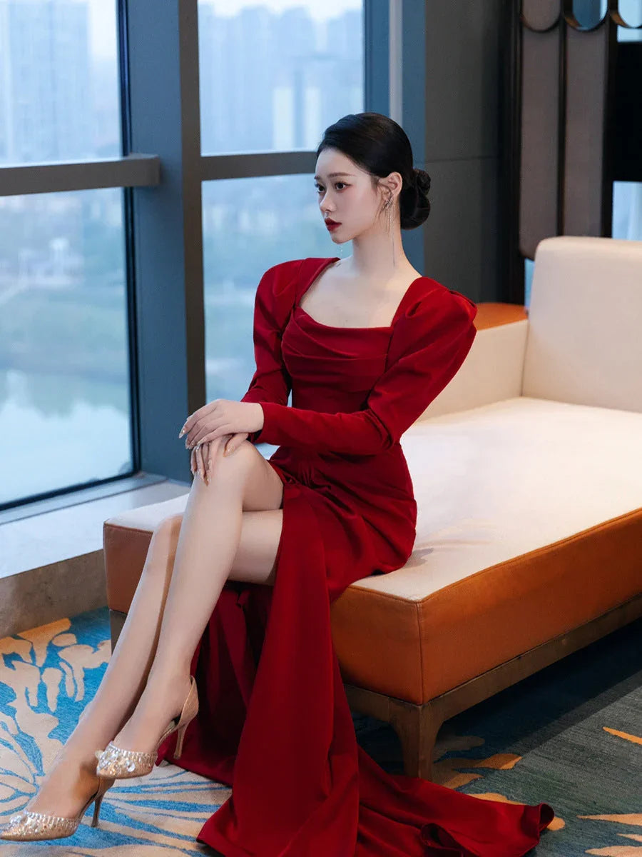 Bride Fishtail Square Collar Long Sleeve Design Simple Satin Evening Dress - VAleG