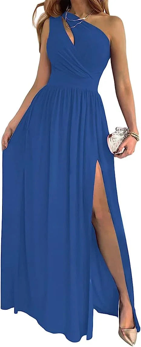 Women's One Shoulder High Split Cutout Sleeveless Elegant Sexy Cocktail Maxi Dress - VAleG