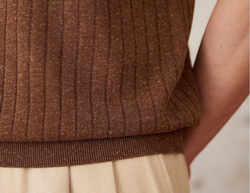 Linen Blend Lapel Zipper Sunken Stripe Short Sleeve - VAleG
