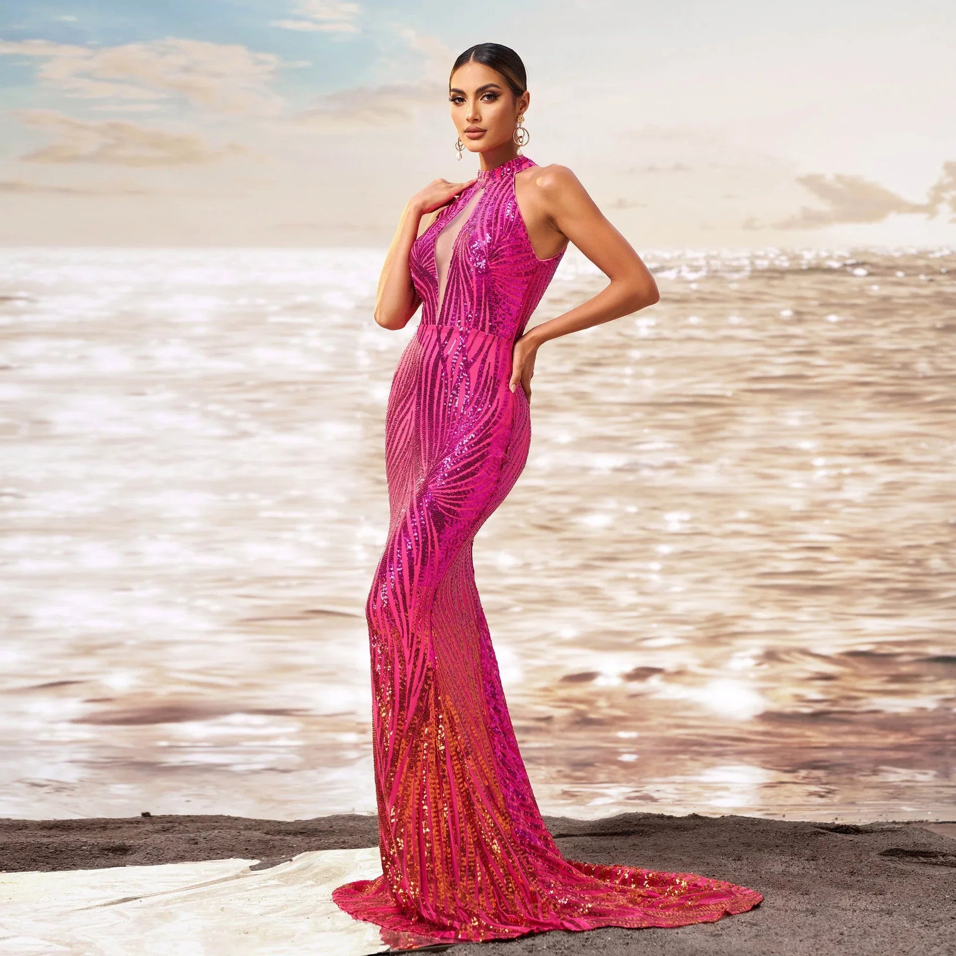 Round Neck Off-the-shoulder Slim-fit Sheath Sequined Banquet Fishtail Evening Dress - VAleG
