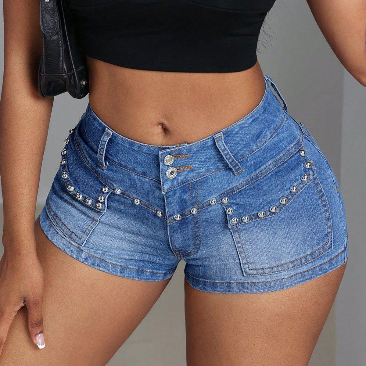 Mid-low Waist Beaded Mid-elastic Denim Shorts - VAleG