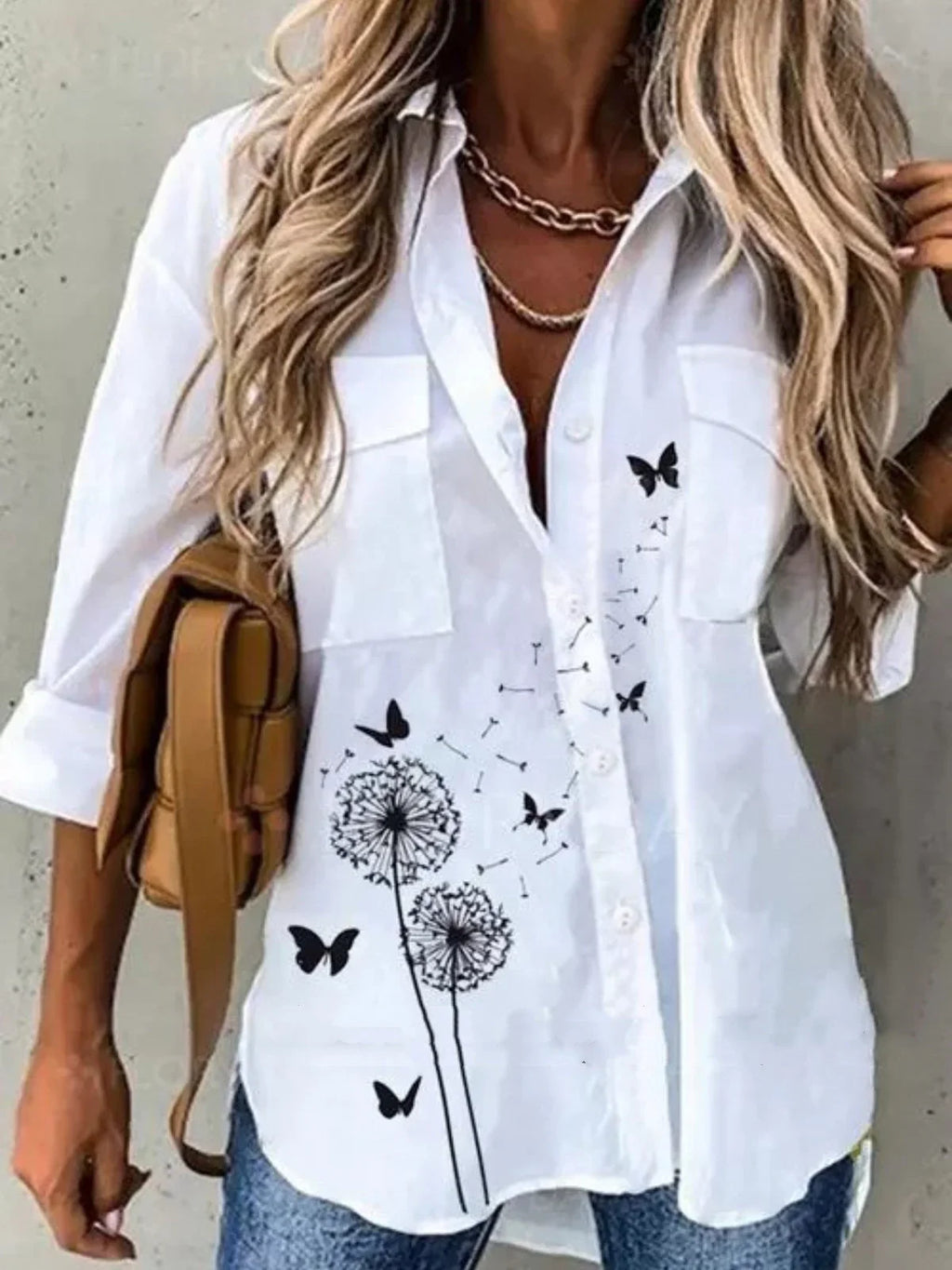 Women's Loose Flower Print Long-sleeved Shirt - VAleG