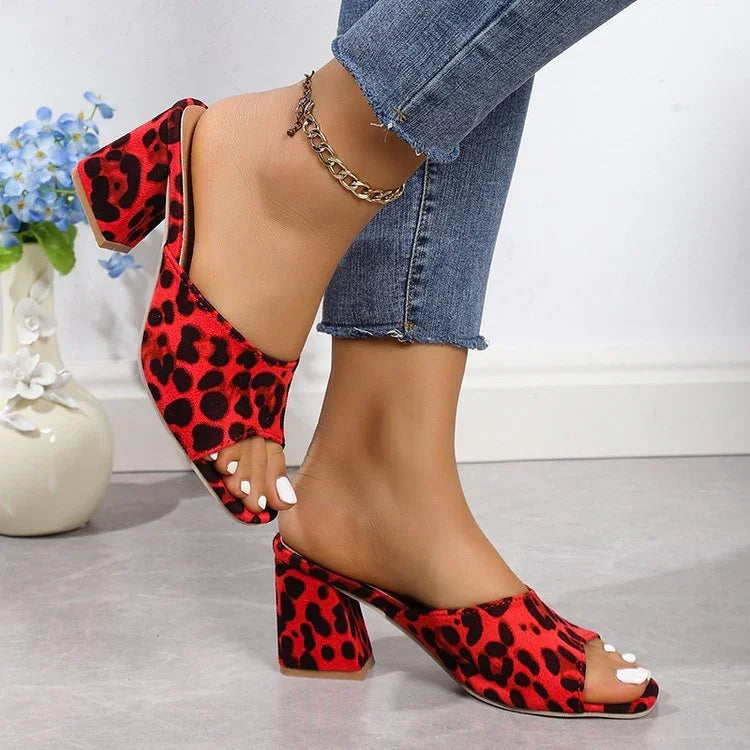 Leopard Square Toe Sandals Summer High-heeled Slippers Chunky Heel Shoes For Women - VAleG