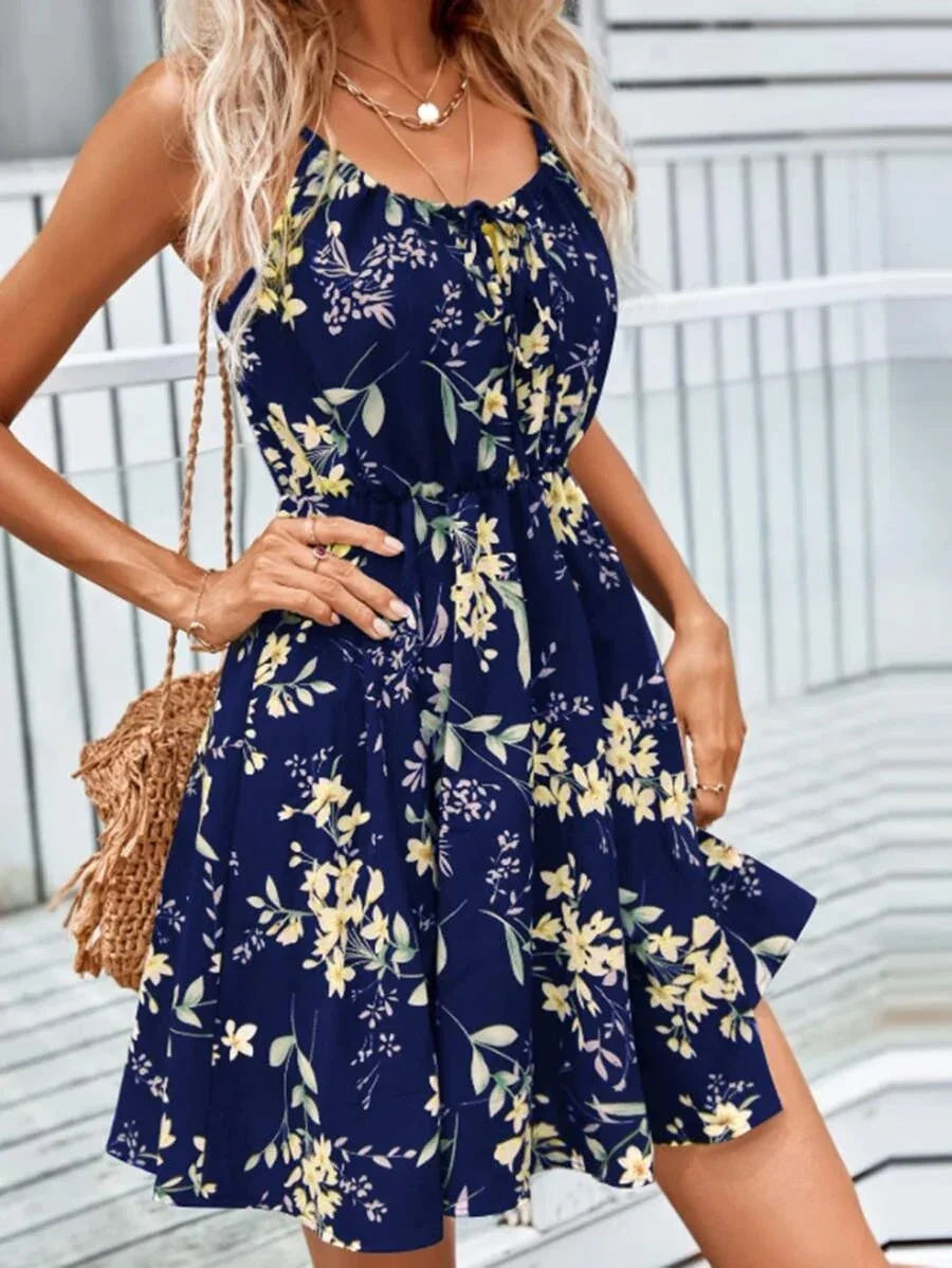 Floral Print Suspender Dress With Elastic Waist Design Fashion Summer Short Dresses Womens Clothing - VAleG