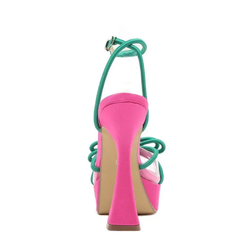 Bright Color-blocking Bow Thick-soled Buckle Chunky High Heels - VAleG