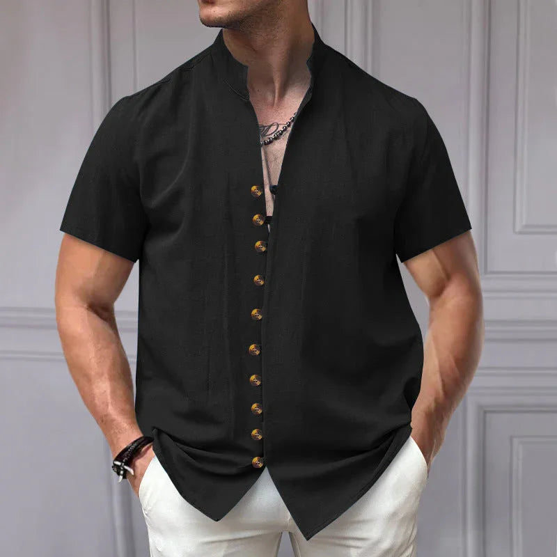 Linen Button Stand Collar Short Sleeve Shirt - VAleG