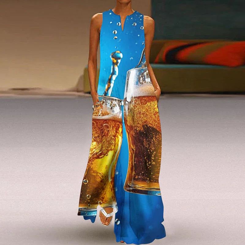 Printed V-neck Pocket Long Dress Swing - VAleG