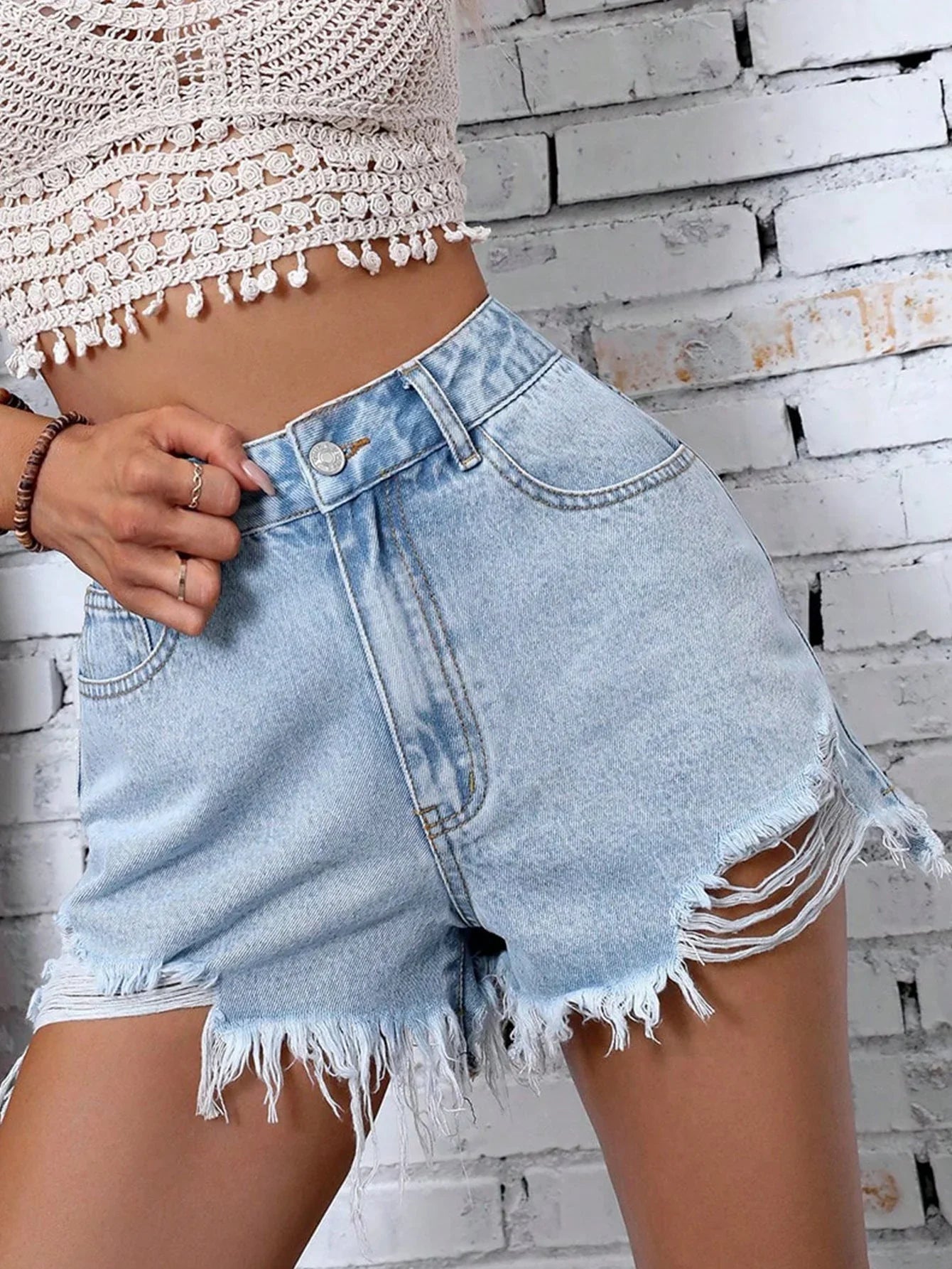 Women's High Waist Raw Hem Ripped Denim Shorts - VAleG