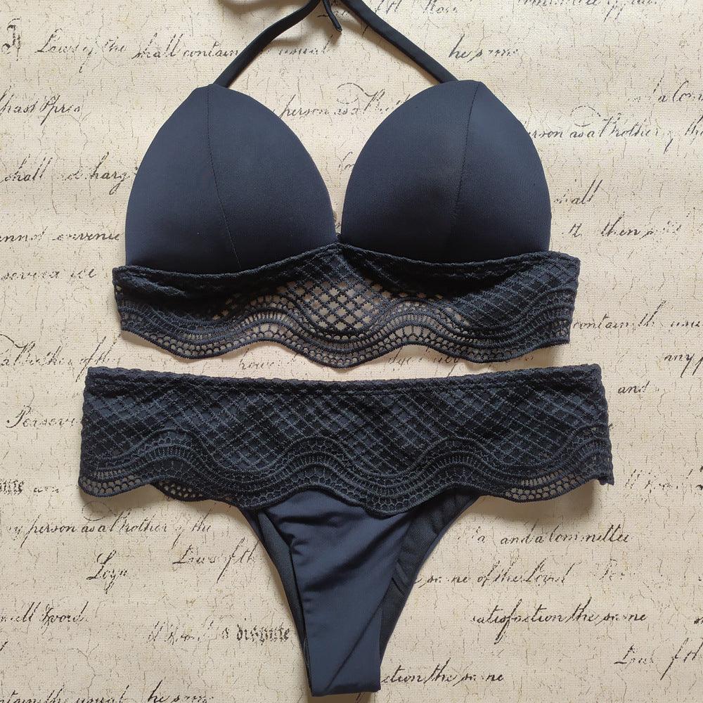 Sexy Solid Color Swimsuit Small Chest Gathered Backless Split Swimsuit - VAleG