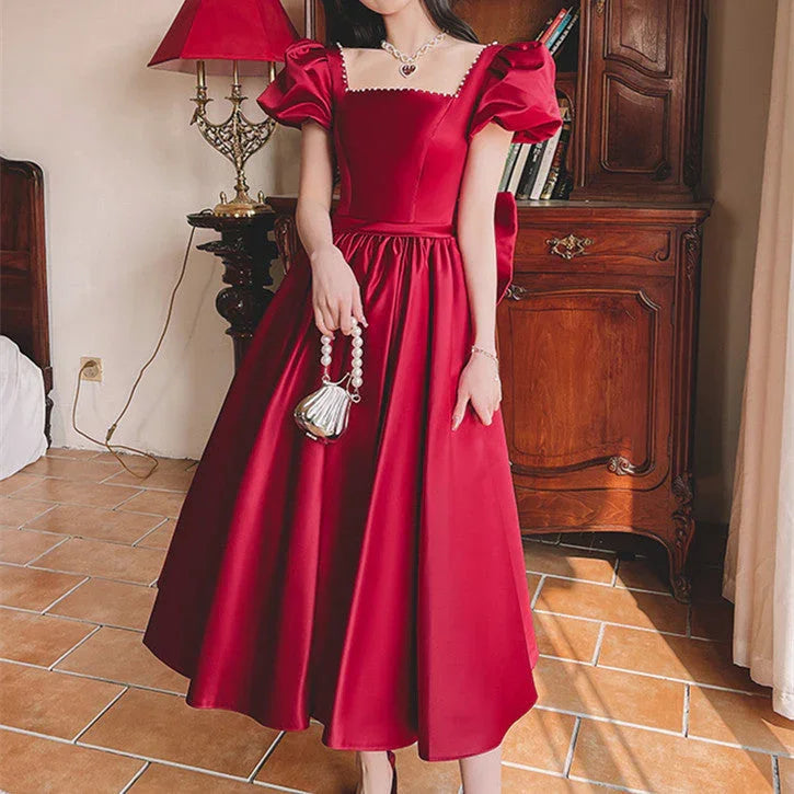 Winter Wine Red Engagement Daily French Princess On The Run Satin Dress - VAleG