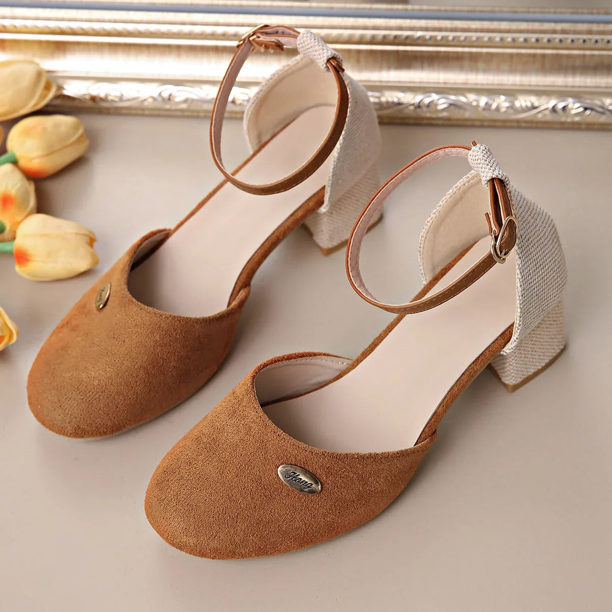 Plus Size Color Block Closed Toe Sandals Stylish And Lightweight Suede Buckle Women's Shoes - VAleG