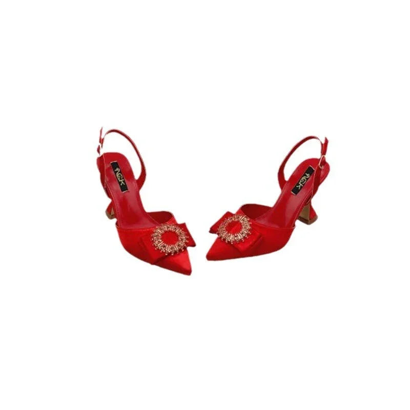 European And American Pointed Toe Rhinestone Closed Toe Strap High Heel Sandals - VAleG