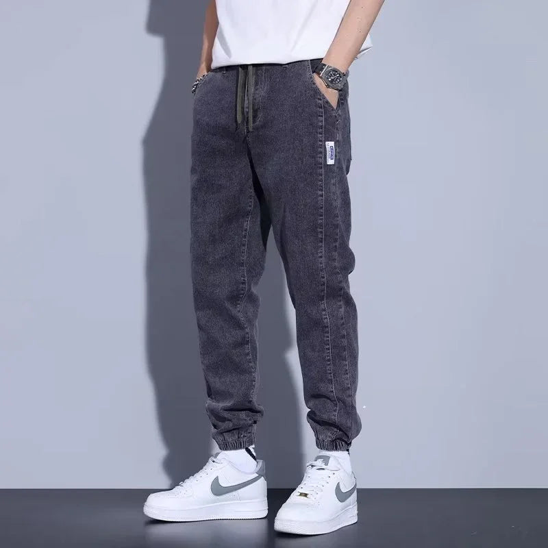 Youth Casual Harem Drawstring Elastic Elastic Beam Foot Type Men's Jeans - VAleG