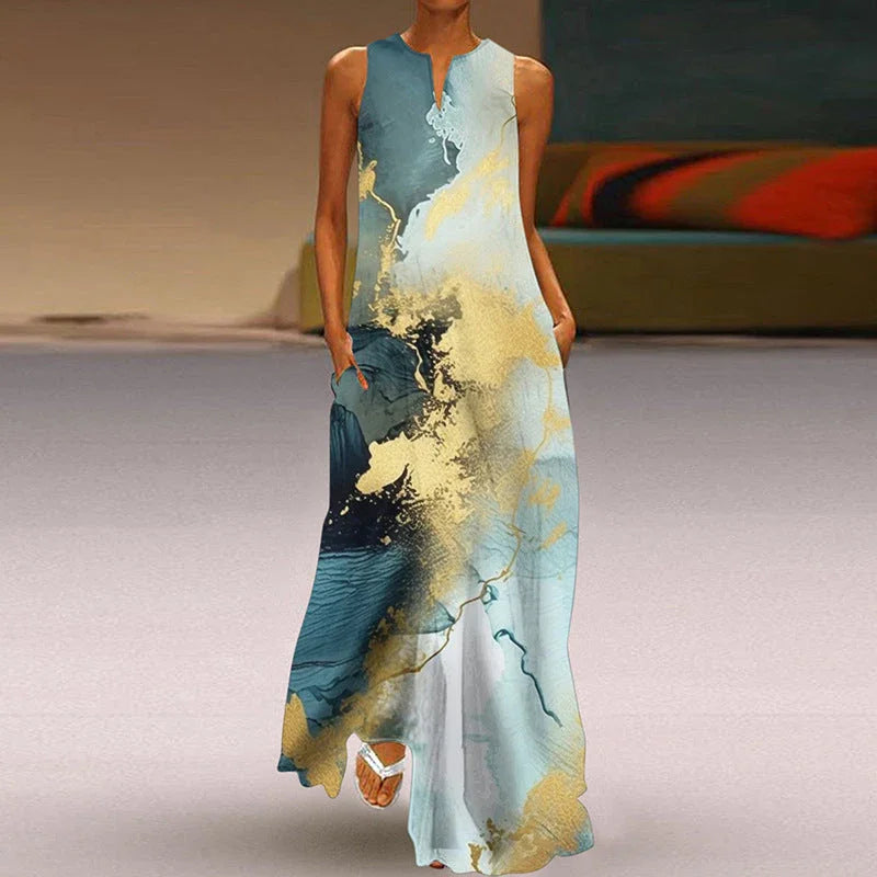 Printed V-neck Pocket Long Dress Swing - VAleG