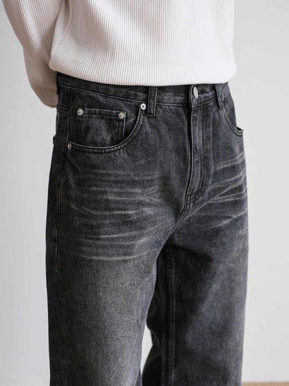 Men's Straight Retro Black Washed Jeans - VAleG