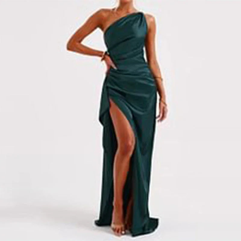 Sexy One-shoulder Backless Slit Dress Summer Elegant Slim-fit Solid Color Satin Dresses For Women - VAleG