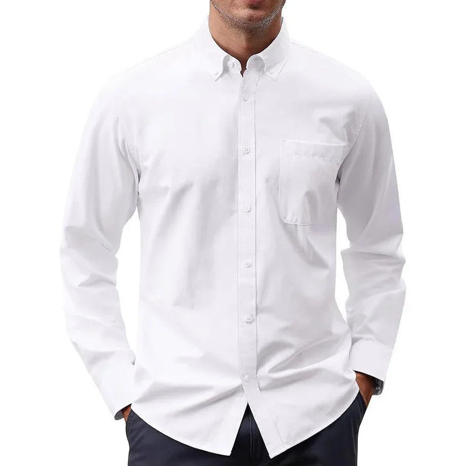 Solid Color Oxford Long Sleeve Button Shirt - VAleG