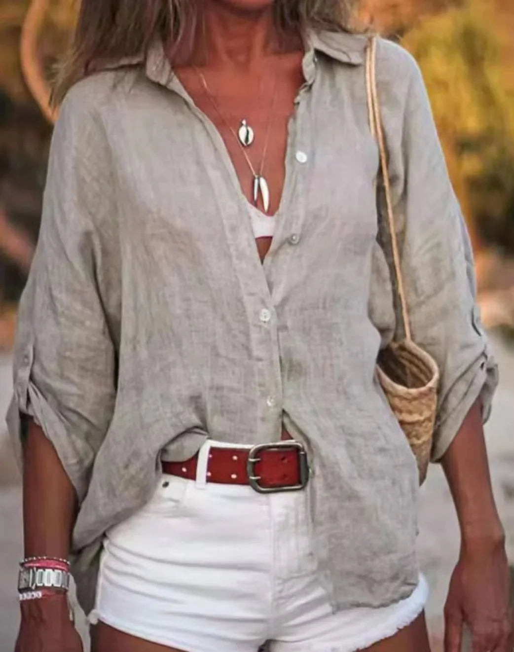 Cotton And Linen Solid Color Loose Type Sleeve Shirt - VAleG