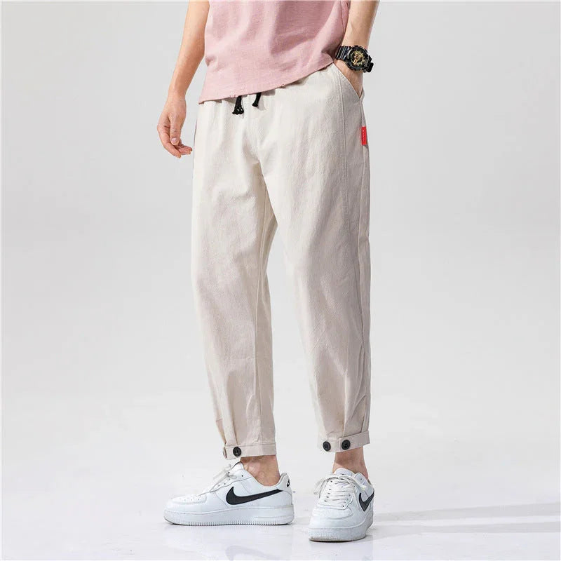 Men's Straight Casual Loose Cotton And Linen Cropped Pants - VAleG