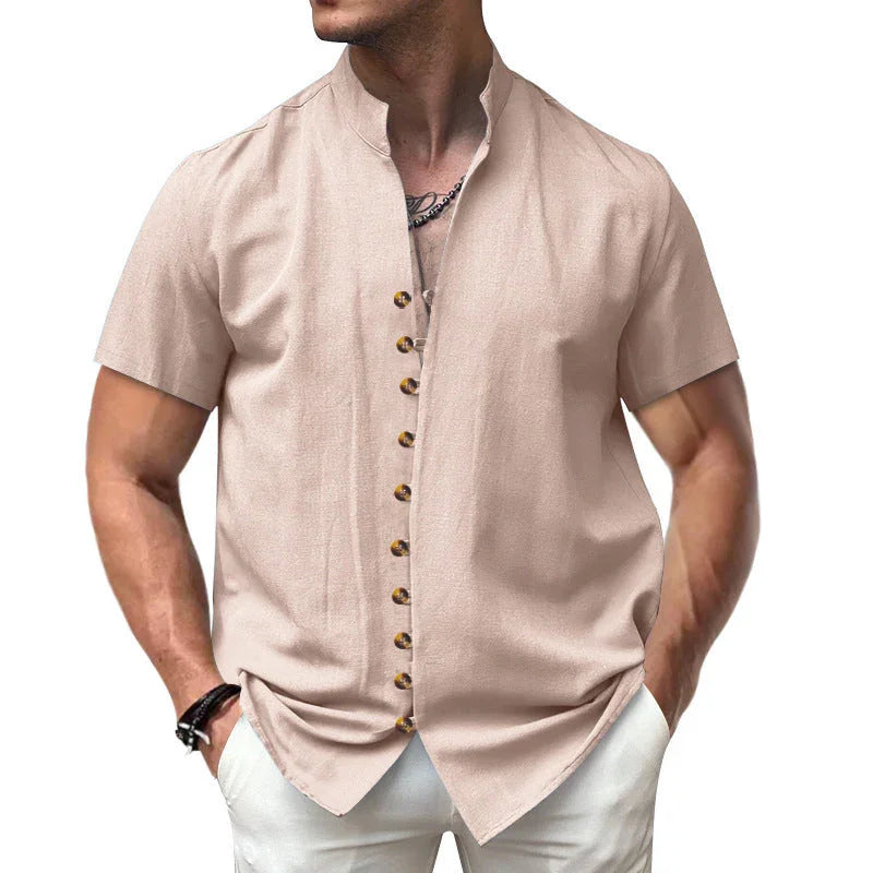 Linen Button Stand Collar Short Sleeve Shirt - VAleG