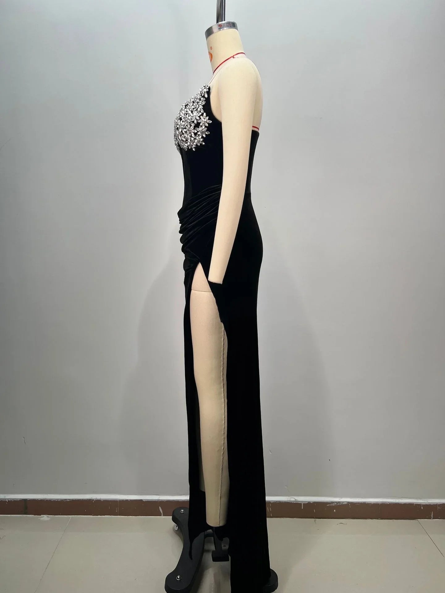Women's Black Bandeau Slim-fit Hot Drilling Long Dress - VAleG