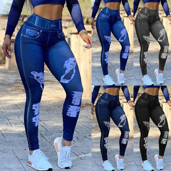 Ladies High Waist High Stretch Faux Denim Leggings - VAleG