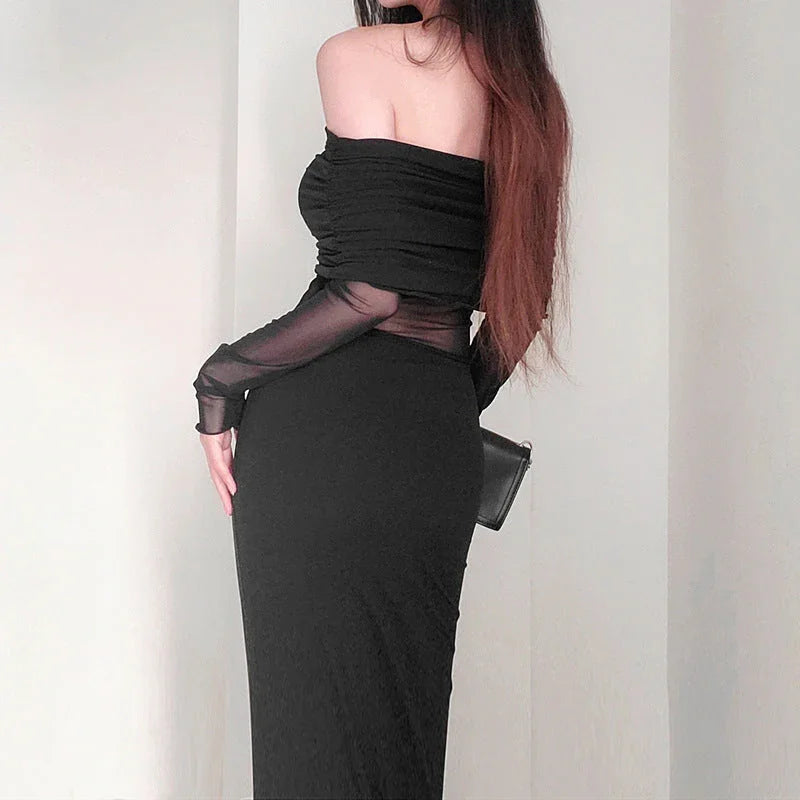 Women's Winter Sexy Off-the-shoulder Pleated Long Sleeve Polyester Dress - VAleG