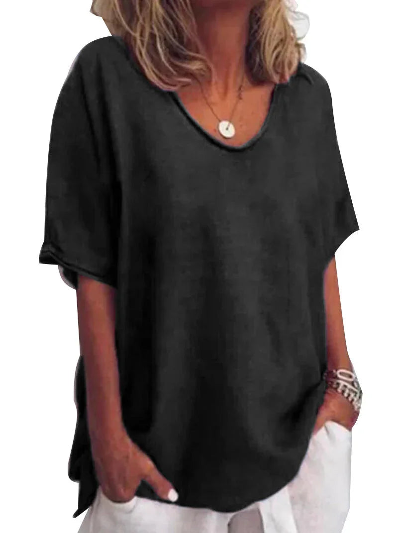 Cotton And Linen Solid Color Short-sleeved T-shirt Women's Casual Coat - VAleG