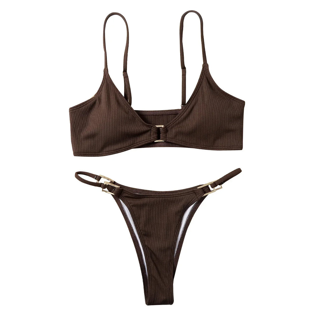 Split Women's Swimsuit Small Pit Strip Fabric Solid Color Swimsuit - VAleG