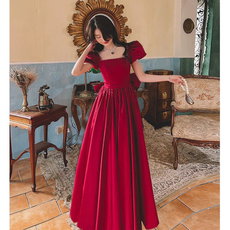 Winter Wine Red Engagement Daily French Princess On The Run Satin Dress - VAleG