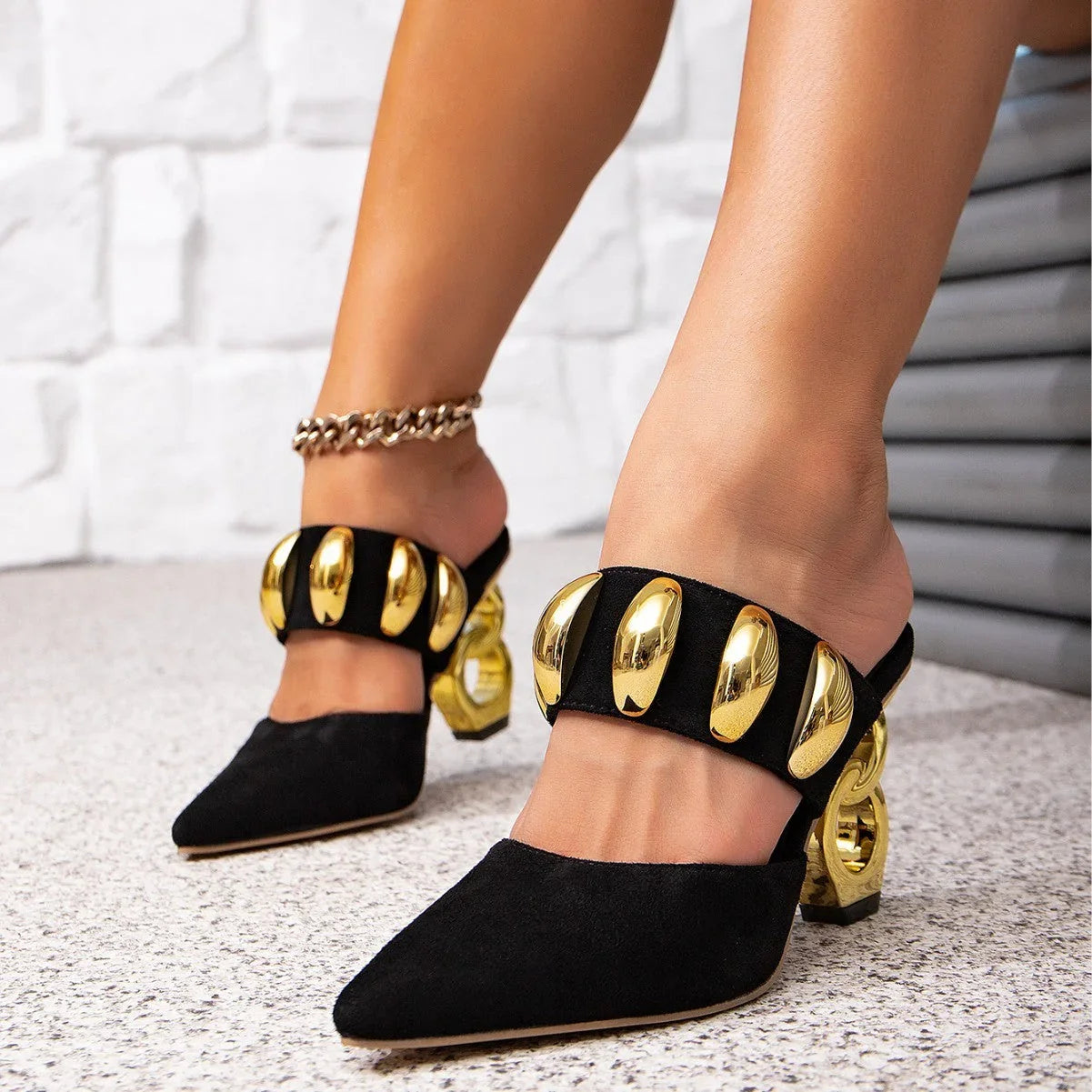 Black High-heeled Sandals Shaped High Heel Gold - VAleG